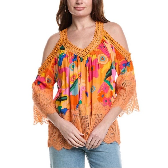 Rain Tops - Rain Floral Cold Shoulder Top - Orange